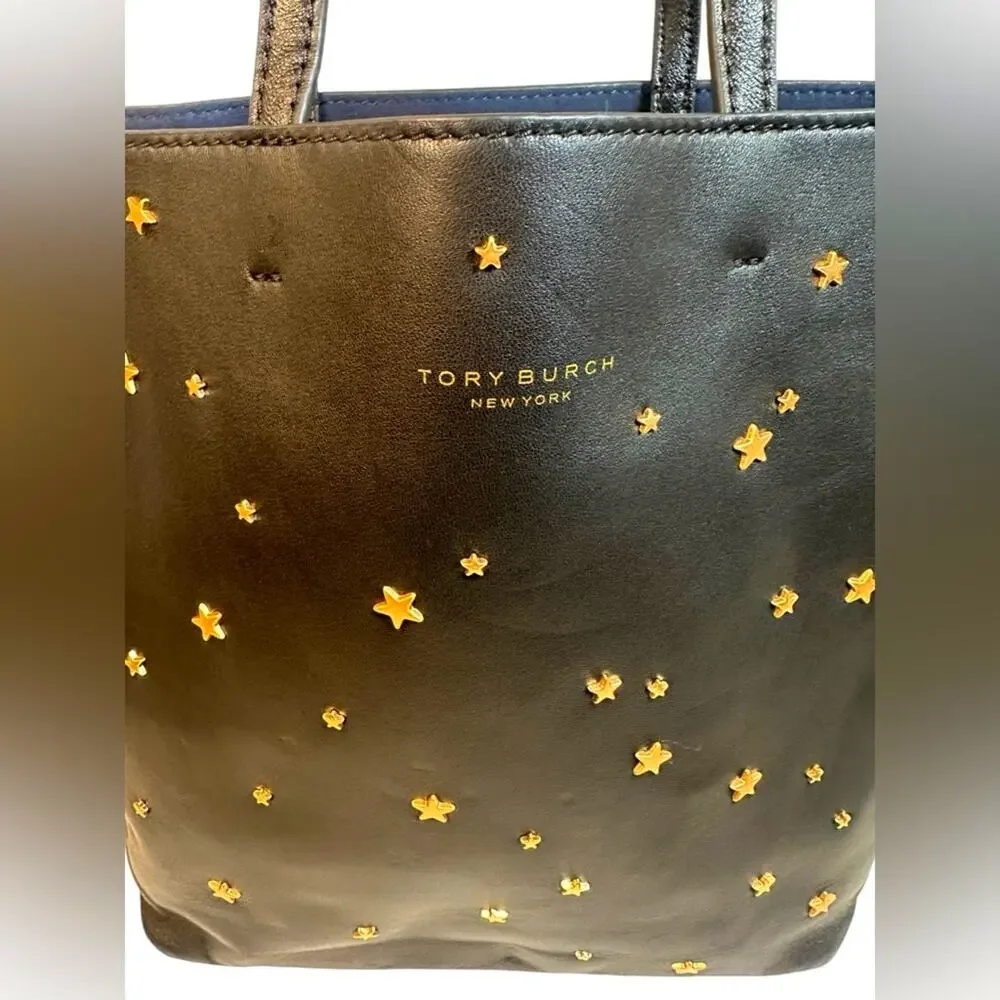 Tory Burch Black Leather Tote Bag with Gold Star Accents